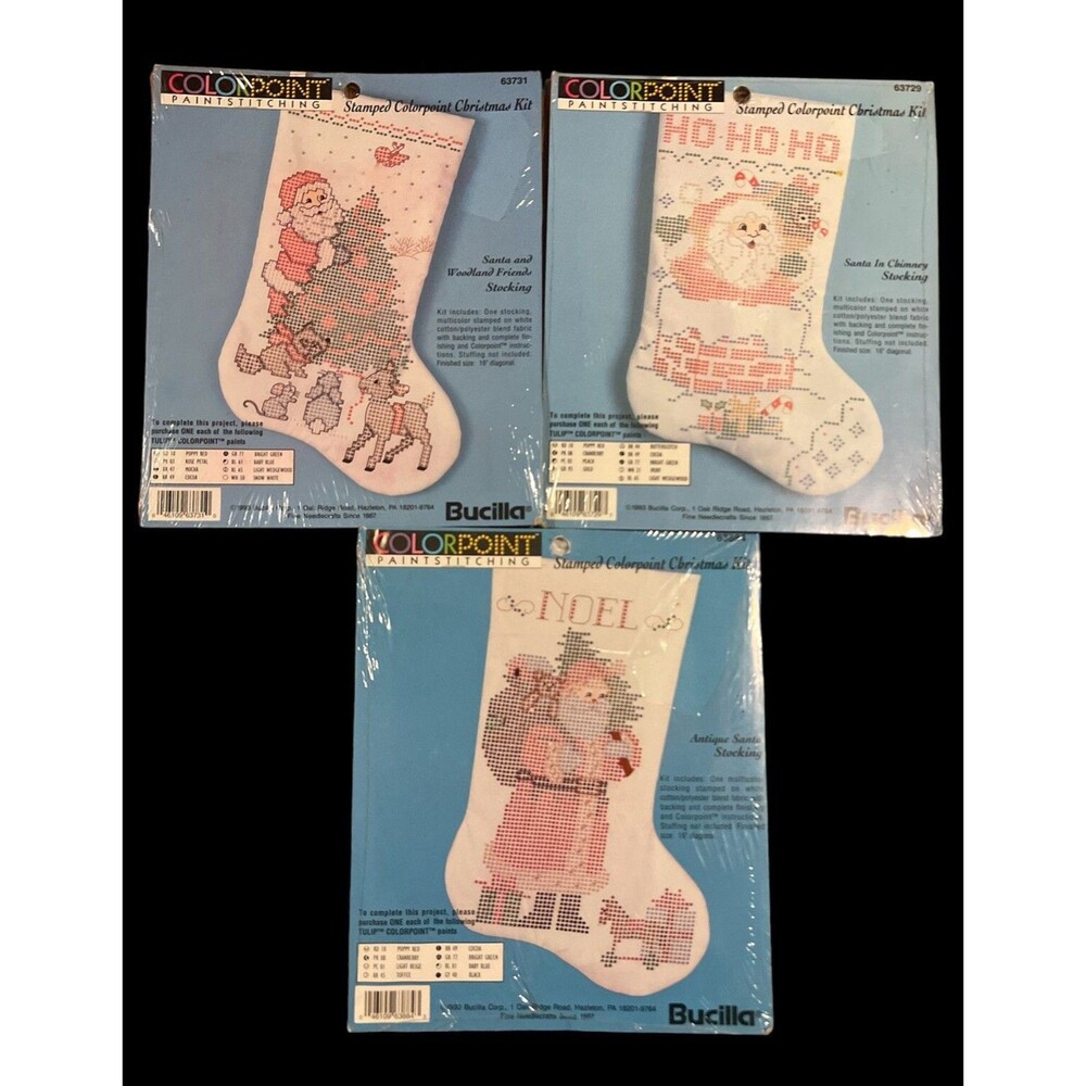 Bucilla Colorpoint Christmas Stocking Kit Lot of 3 Santa Paint Stitch 16” NEW